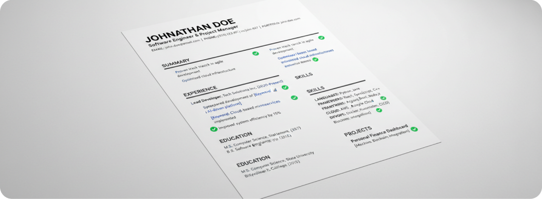 Clean single-column resume with checks confirming ATS-friendly formatting