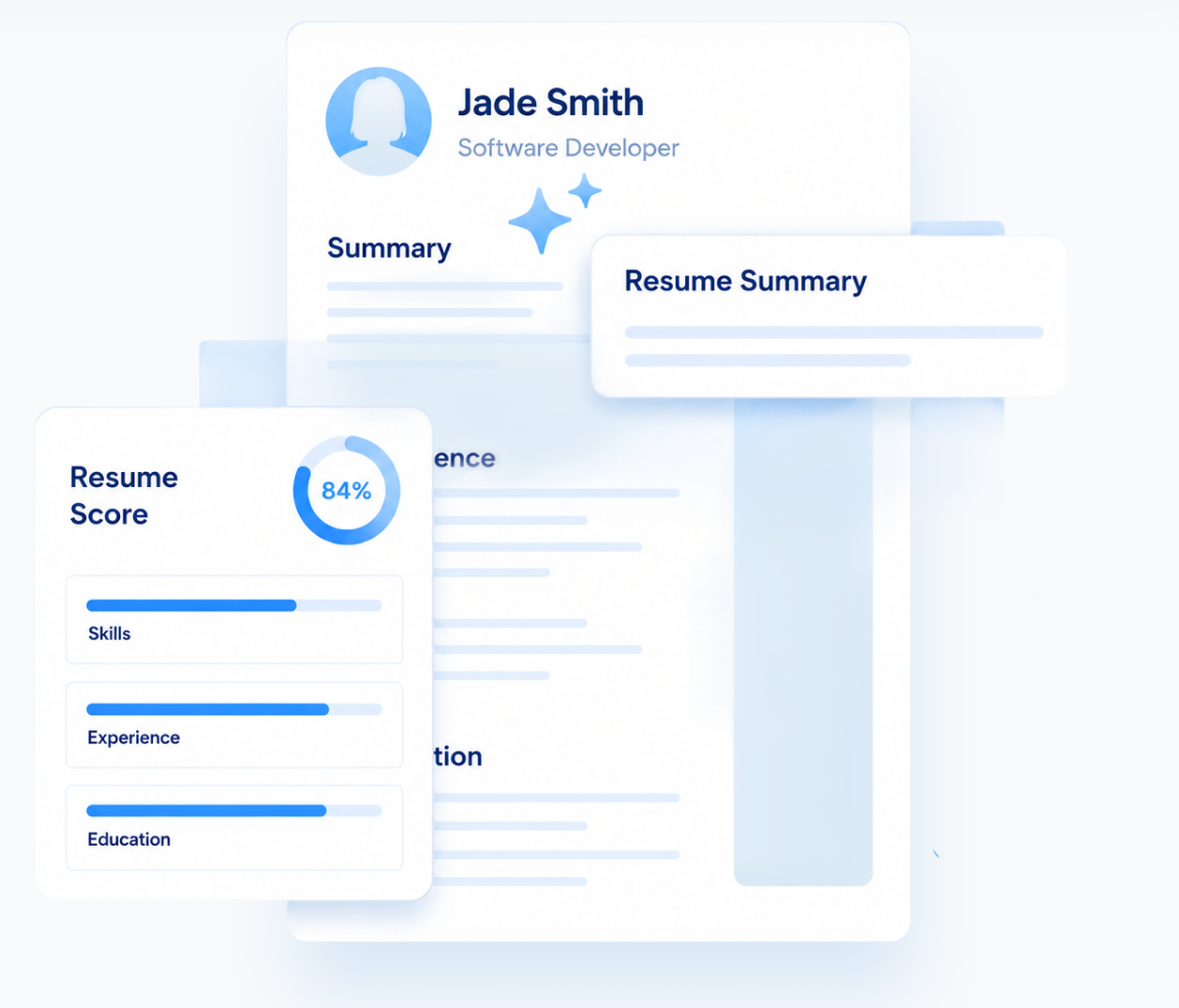 Resume checker preview: a resume with an 84% Resume Score and match bars for Skills, Experience and Education